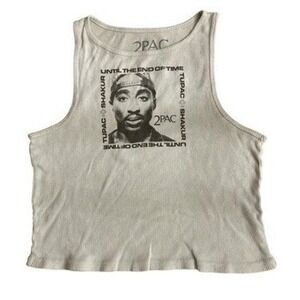 2Pac Tupac Shakur Until the End of Time Ribbed Crop Tank Top Cream Womens Medium